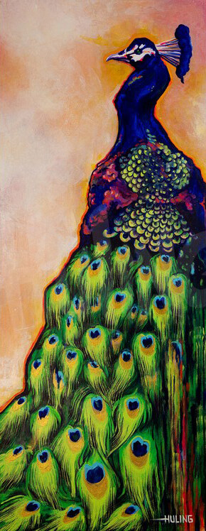 Showbird — a jubilant peacock painting in greens and blues by Virginia Huling